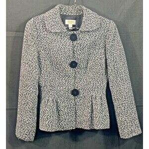 Talbots Petite Tweed‎ Jacket Size 4 Black White Preppy Blazer